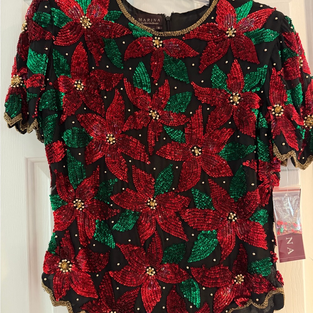 VINTAGE with tags Marina Red and Green Sequin Floral Blouse